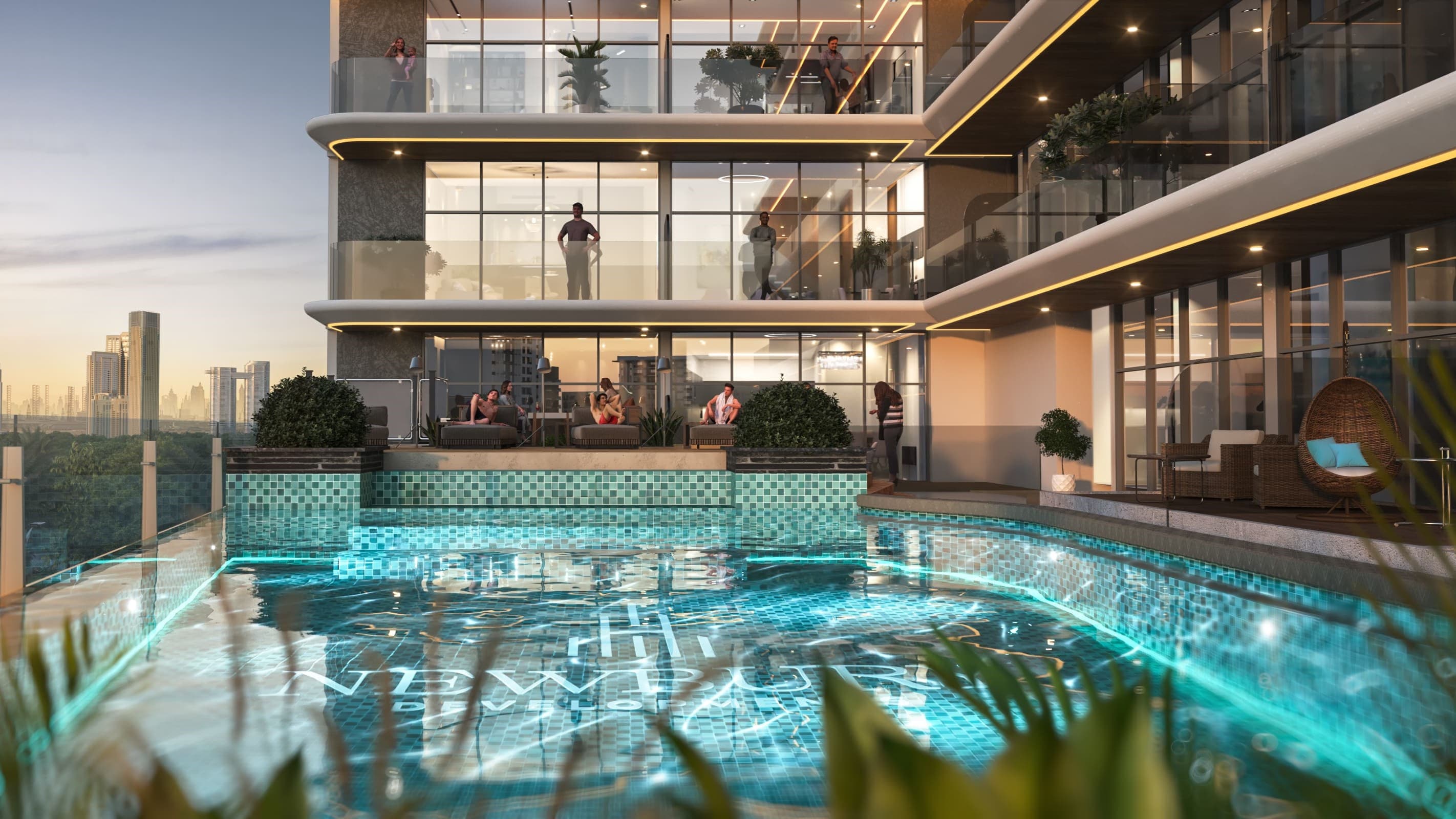 Rooftop infinity pool with Dubai skyline at Chapter 01 by Newbury Developments
